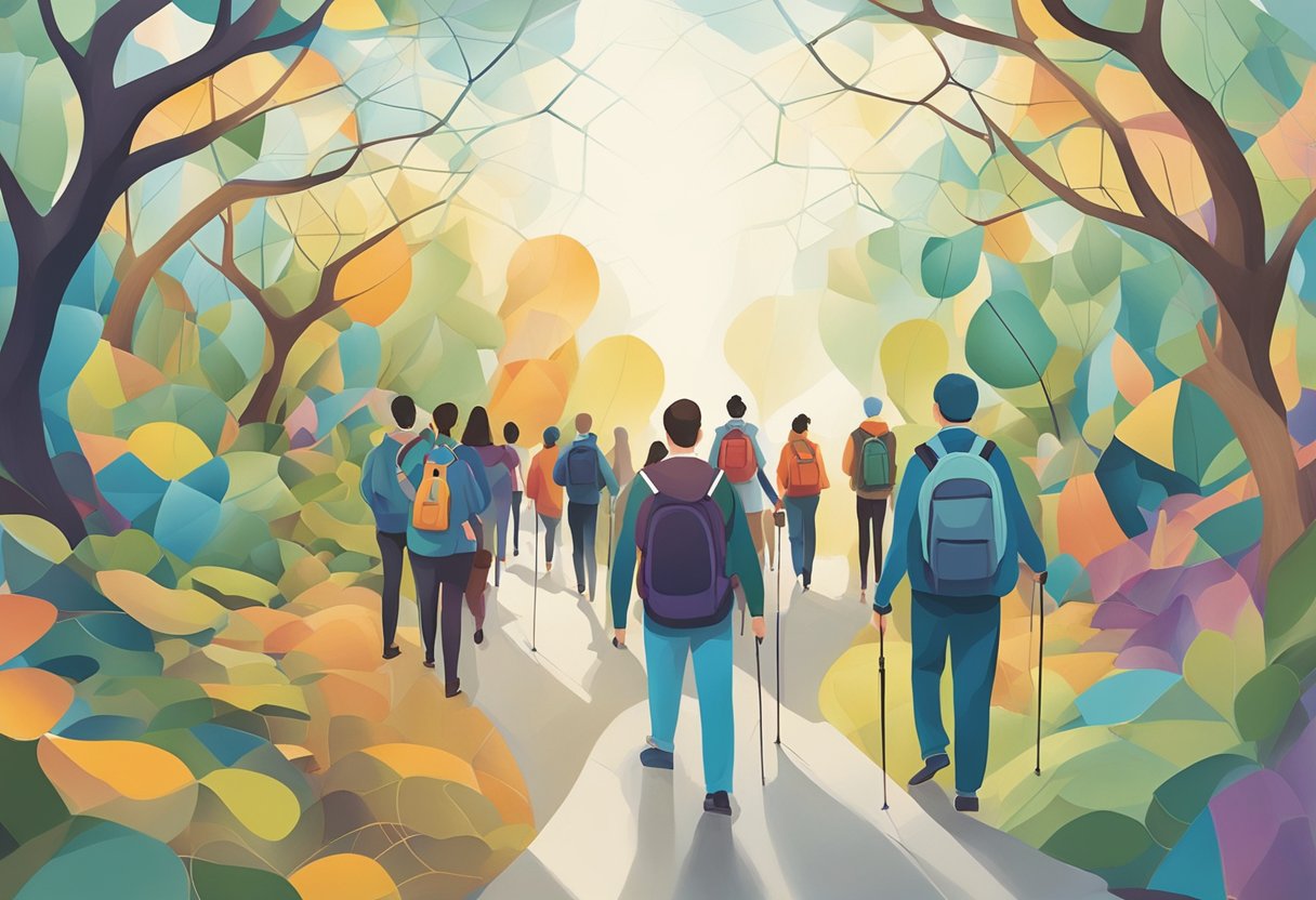 Resgate de Dependentes Químicos: Abordagens Eficazes e Suporte Essencial 7 Um grupo de indivíduos navegando por um caminho desafiador em direção à recuperação, apoiado por uma rede de profissionais e entes queridos.