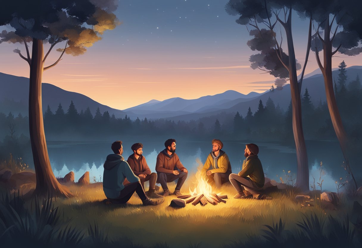 Resgate de Dependentes Químicos: Abordagens Eficazes e Suporte Essencial 8 Uma paisagem serena com um grupo de indivíduos reunidos em torno de uma fogueira, engajados em conversas e oferecendo apoio uns aos outros.