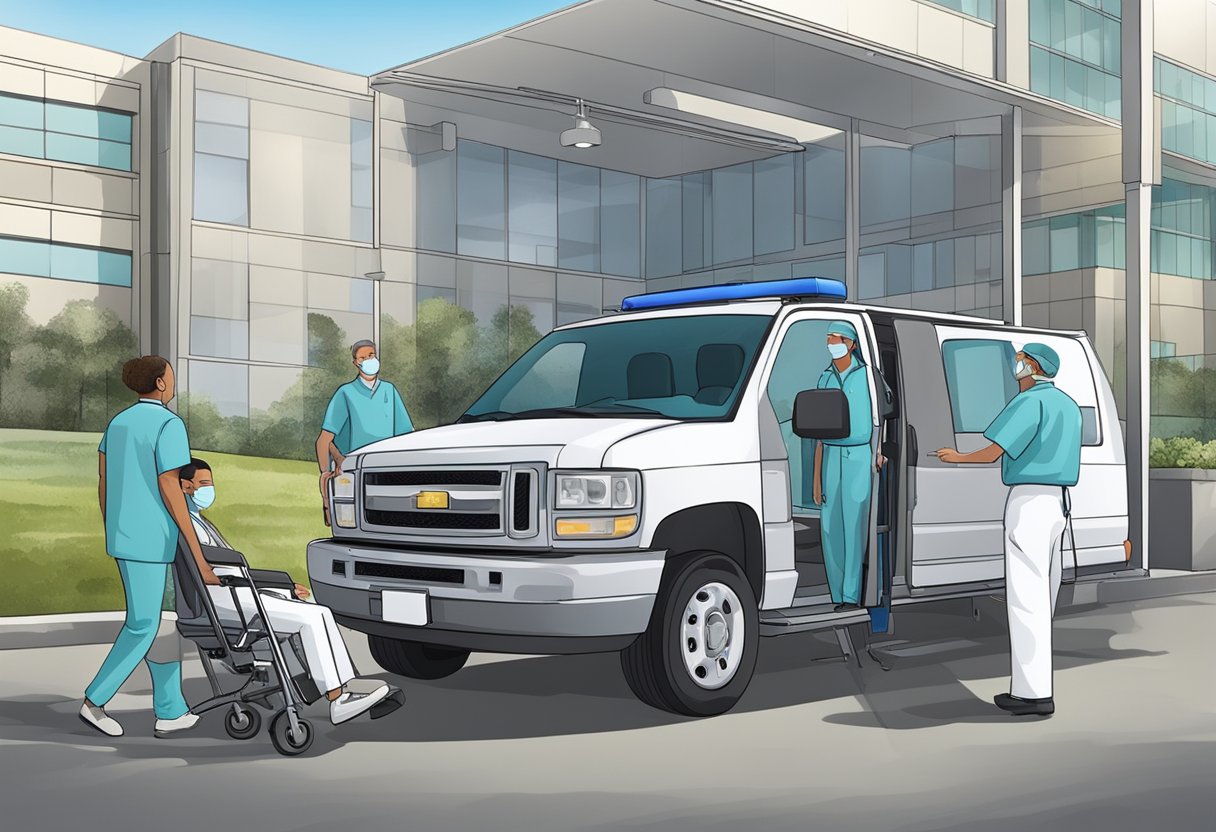 Um veículo de transporte de pacientes particular estacionado do lado de fora de um hospital, com um profissional de saúde ajudando um paciente a entrar no veículo.
