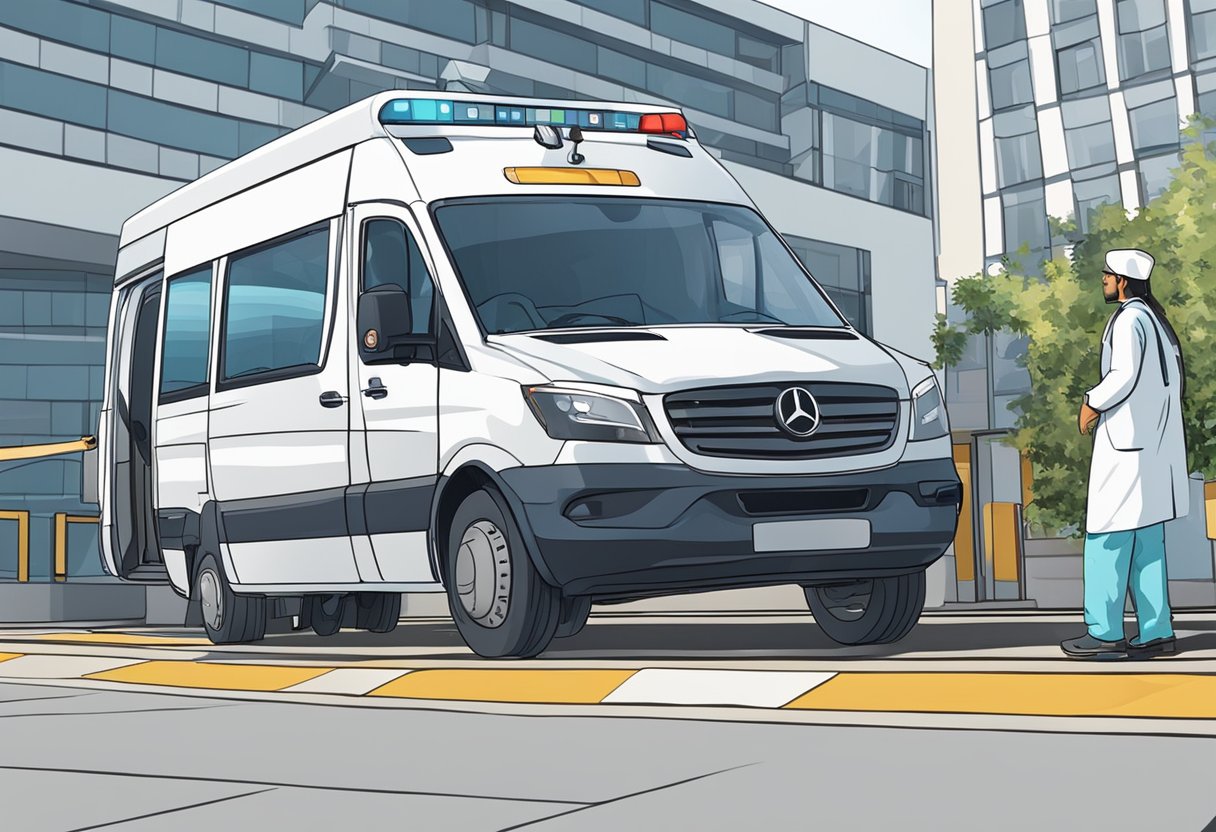 Um veículo de transporte privado de pacientes estacionado do lado de fora de um hospital, com um motorista ajudando um paciente a entrar no veículo.