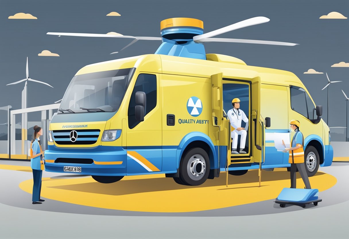 Um veículo de transporte de pacientes particular com um emblema proeminente de "Padrões de Qualidade e Segurança", cercado por equipamentos médicos e um motorista profissional.