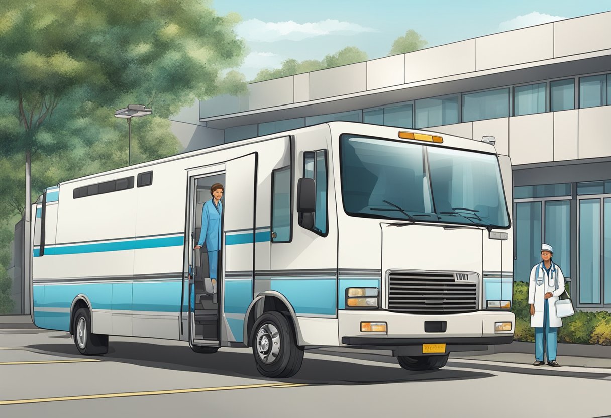 Um veículo de transporte privado aguardando do lado de fora de uma unidade médica, com um motorista à disposição, pronto para transportar pacientes.