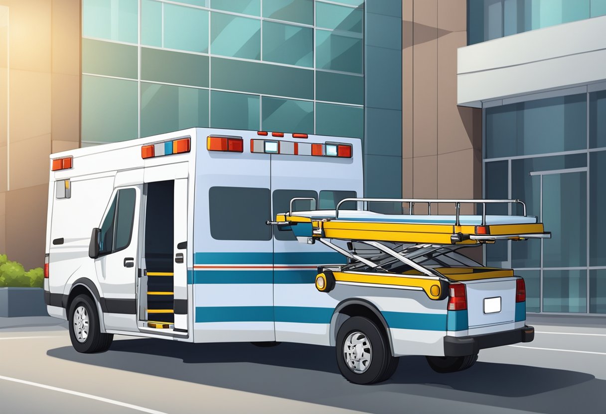 Um veículo de transporte médico privado estacionado do lado de fora de um hospital, com uma maca sendo carregada por dois paramédicos.