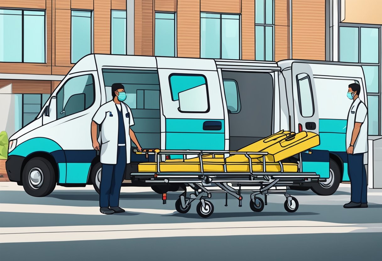 Uma van de transporte médico estacionada do lado de fora de um hospital, com uma maca sendo carregada por dois paramédicos.