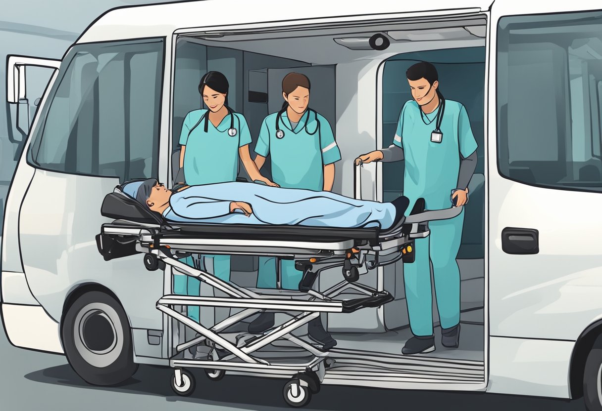 Um paciente sendo transferido com segurança para um veículo de transporte médico por um atendente profissional, enquanto outro atendente ajuda do outro lado.