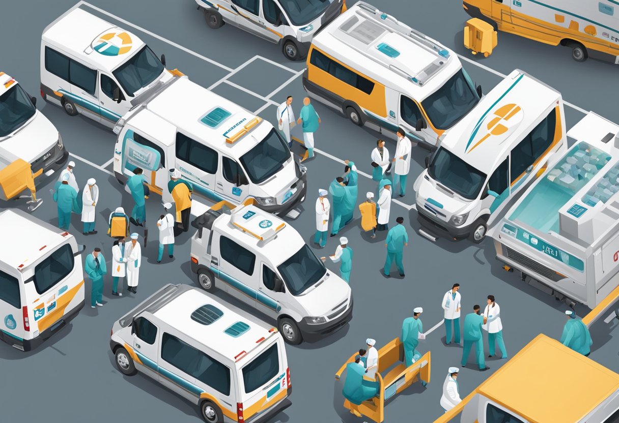 Um grupo de veículos médicos com logotipos de certificação, estacionados do lado de fora de um hospital, com funcionários carregando pacientes em macas.