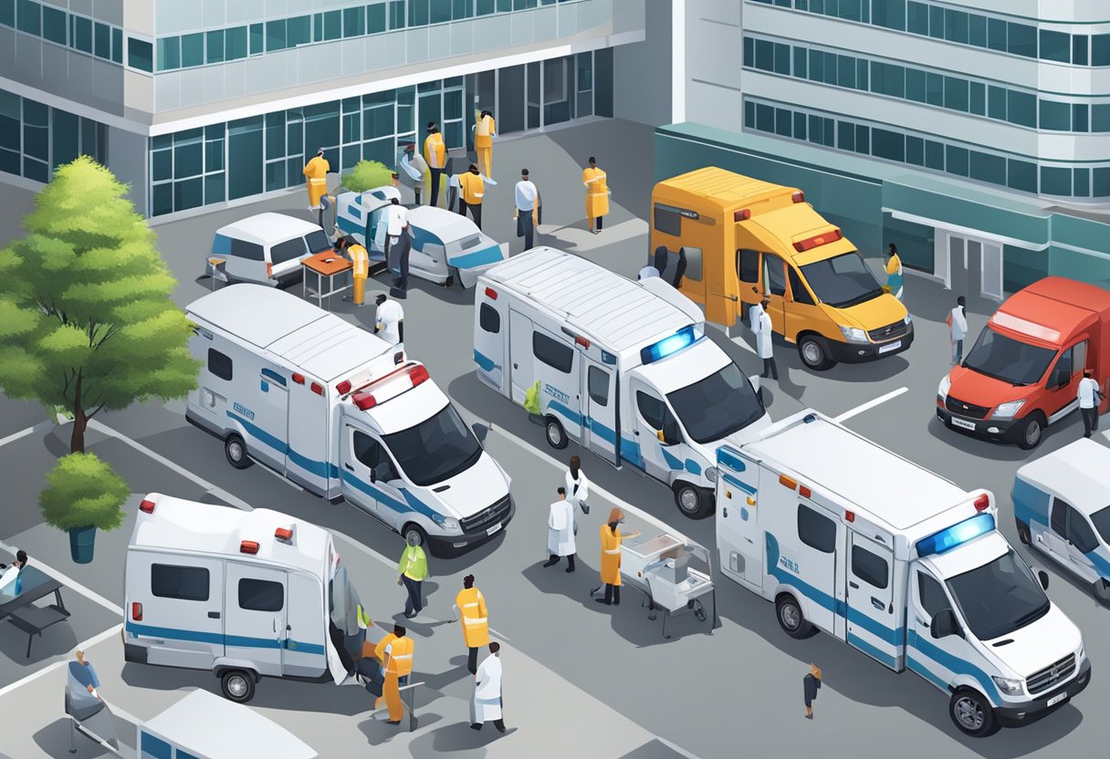 Um grupo de ambulâncias estacionadas do lado de fora de um hospital, com profissionais de saúde carregando e descarregando pacientes. Os veículos exibem sinalização legal e regulatória.