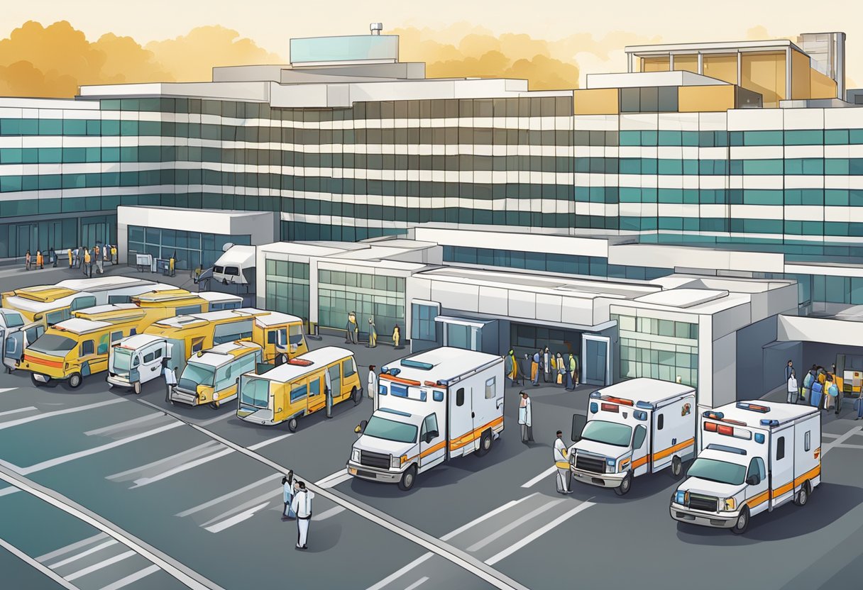 Um hospital movimentado com ambulâncias alinhadas do lado de fora, enquanto pacientes estão sendo transportados com segurança para dentro e para fora da instalação.