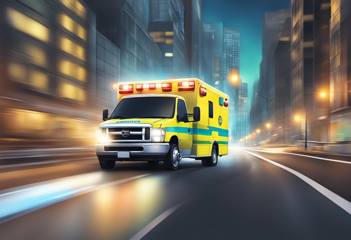 Uma ambulância acelerando pelas ruas da cidade com luzes piscando e sirenes tocando