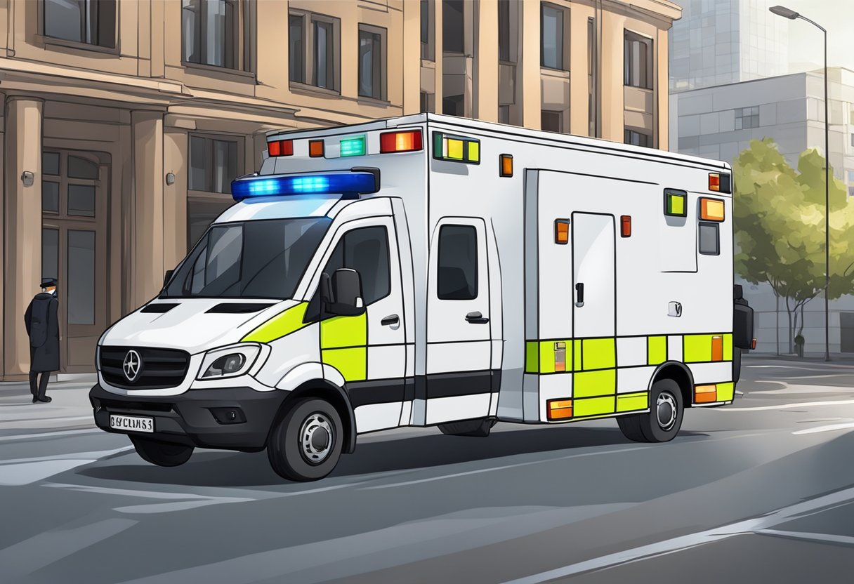 Uma ambulância privada estacionada do lado de fora de um prédio, com luzes piscando e um paramédico em pé nas proximidades.