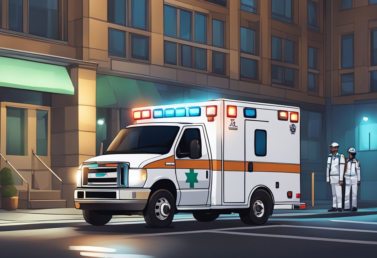 Uma ambulância estacionada do lado de fora de um prédio, com suas luzes piscando e paramédicos em pé nas proximidades.