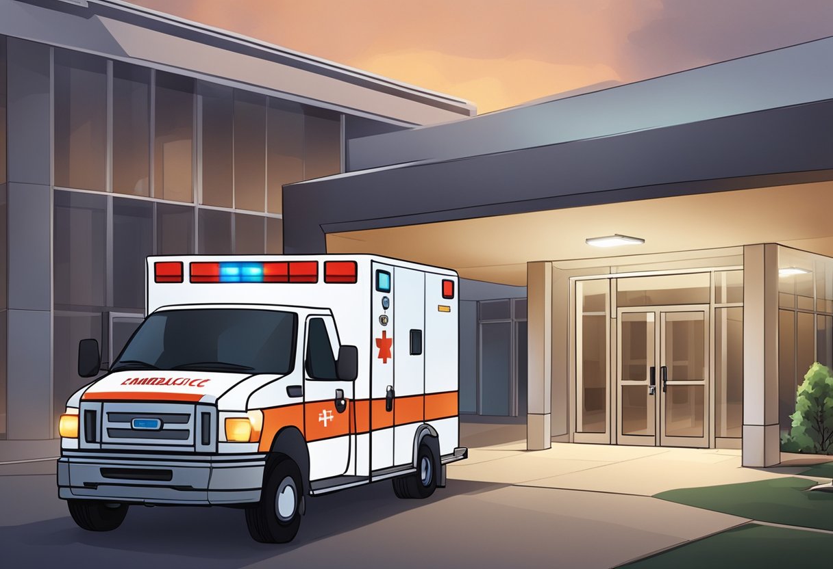 Uma ambulância estacionada do lado de fora de uma unidade médica, com as luzes de emergência piscando e paramédicos carregando uma maca em direção à entrada