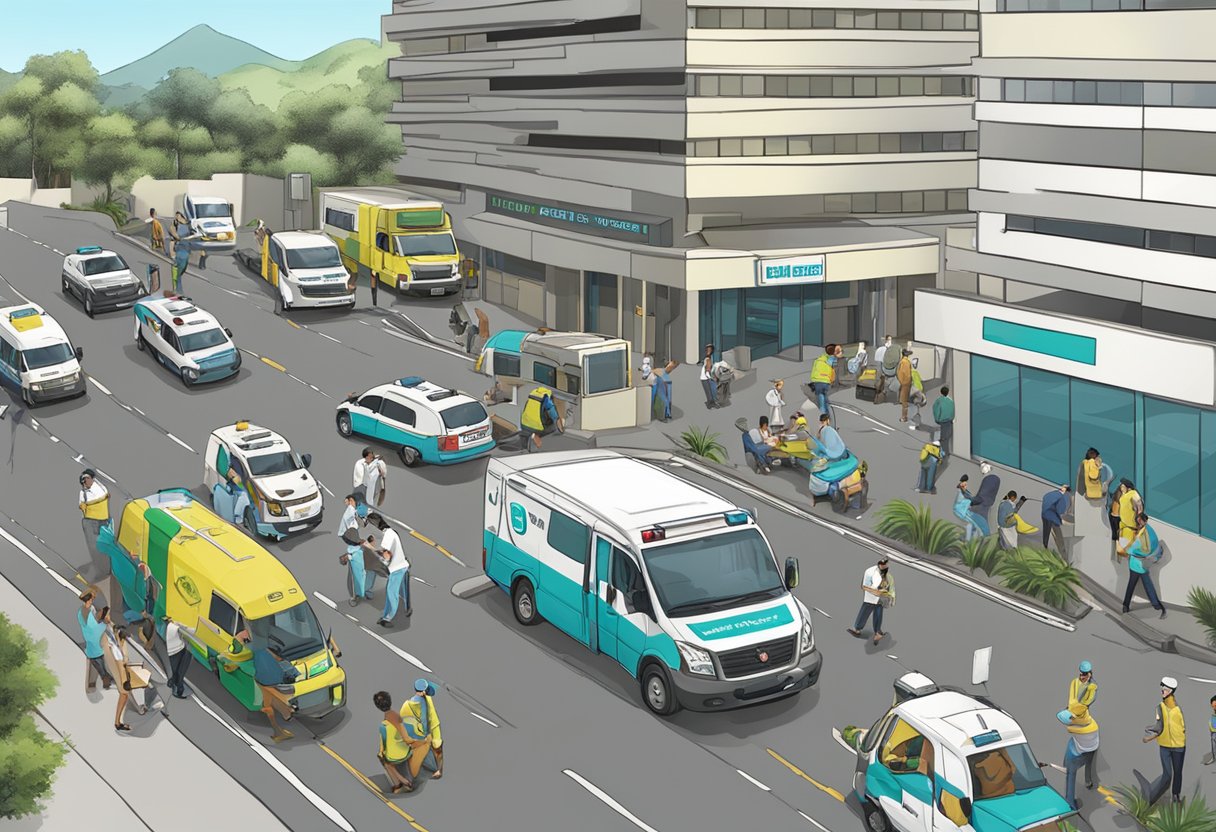 Um hospital brasileiro movimentado despachando uma ambulância para atendimento urgente