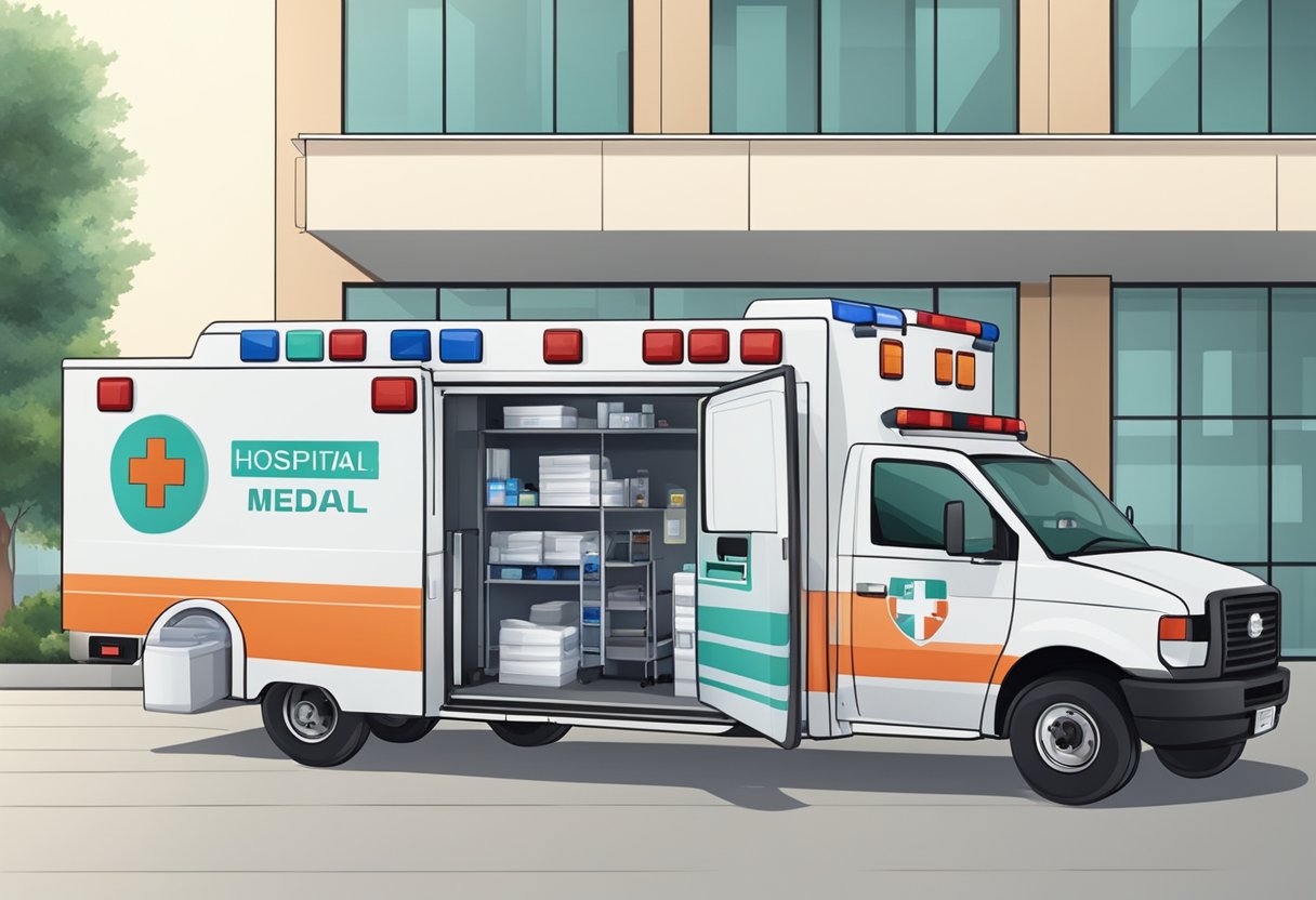 Ambulâncias Traslado: Serviços Essenciais para Emergências e Rotinas 3 Uma ambulância estacionada do lado de fora de um hospital, com equipamentos e suprimentos médicos organizados de forma ordenada dentro.