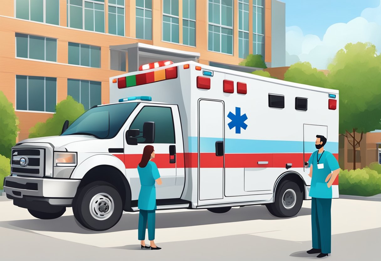 Ambulâncias Traslado: Serviços Essenciais para Emergências e Rotinas 6 Uma ambulância estacionada do lado de fora de um hospital, com um consultor financeiro discutindo opções de seguro com a equipe médica.