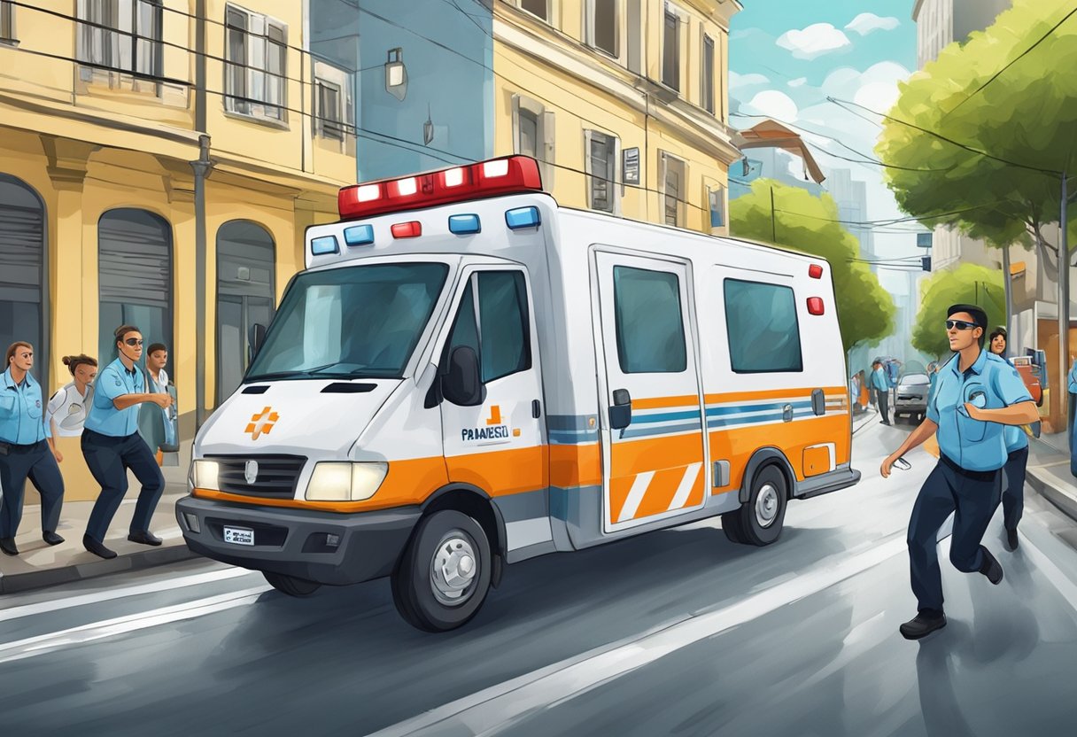 Emergências Médicas Curitiba: Guia Completo para Atendimento Urgente 1 Uma equipe de paramédicos correndo com equipamentos médicos em uma ambulância pelas ruas de Curitiba, Brasil