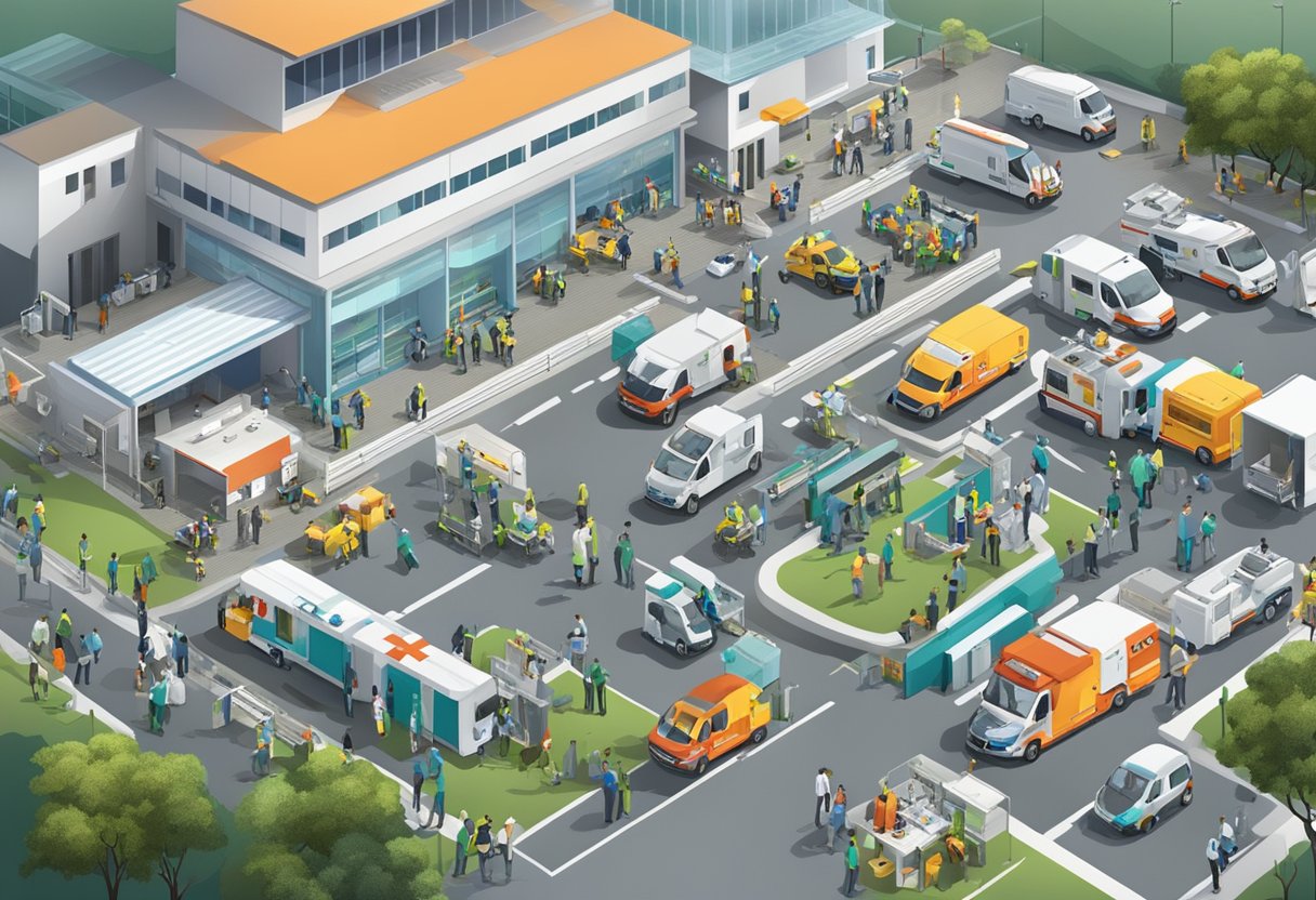 Emergências Médicas Curitiba: Guia Completo para Atendimento Urgente 2 Um movimentado centro de resposta médica de emergência em Curitiba, com ambulâncias, equipamentos médicos e equipe pronta para ajudar