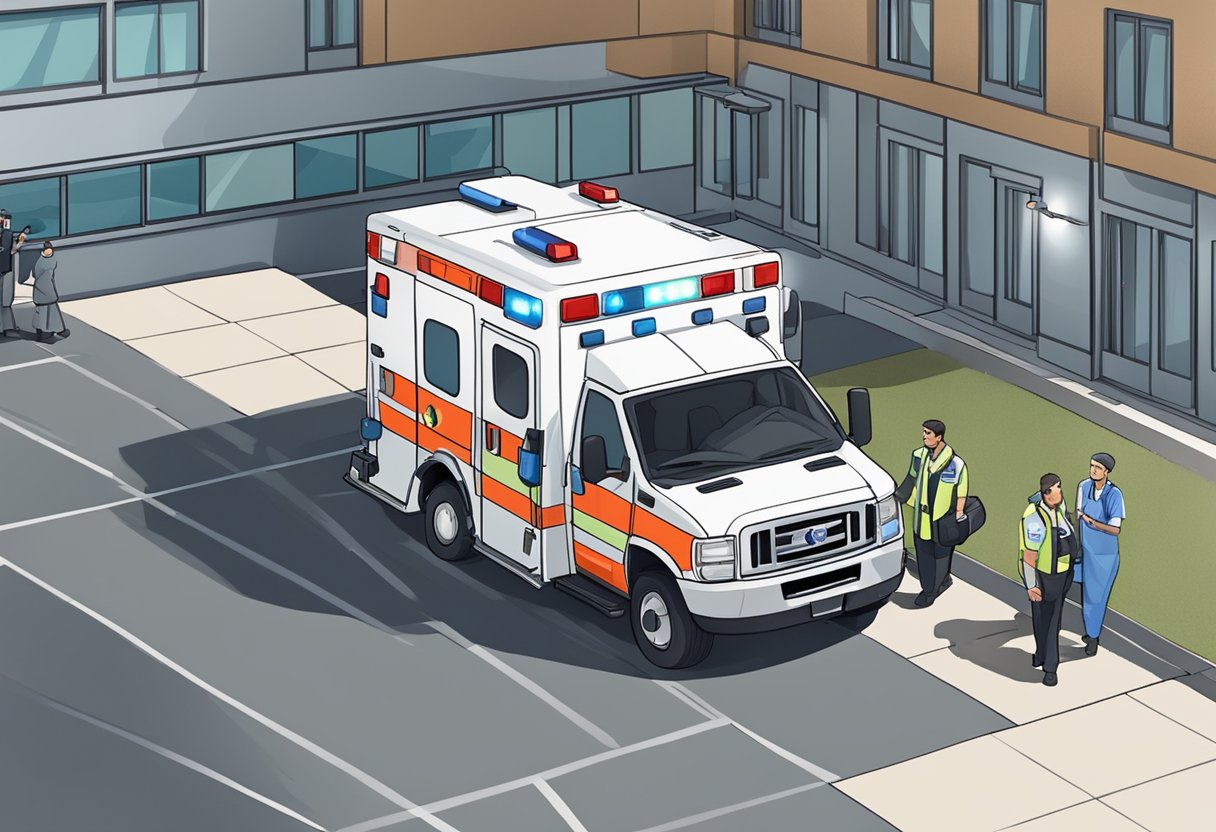 Emergências Médicas Curitiba: Guia Completo para Atendimento Urgente 3 Uma ambulância estacionada do lado de fora de um hospital, com suas luzes piscando e a equipe médica atendendo a um paciente em uma maca.