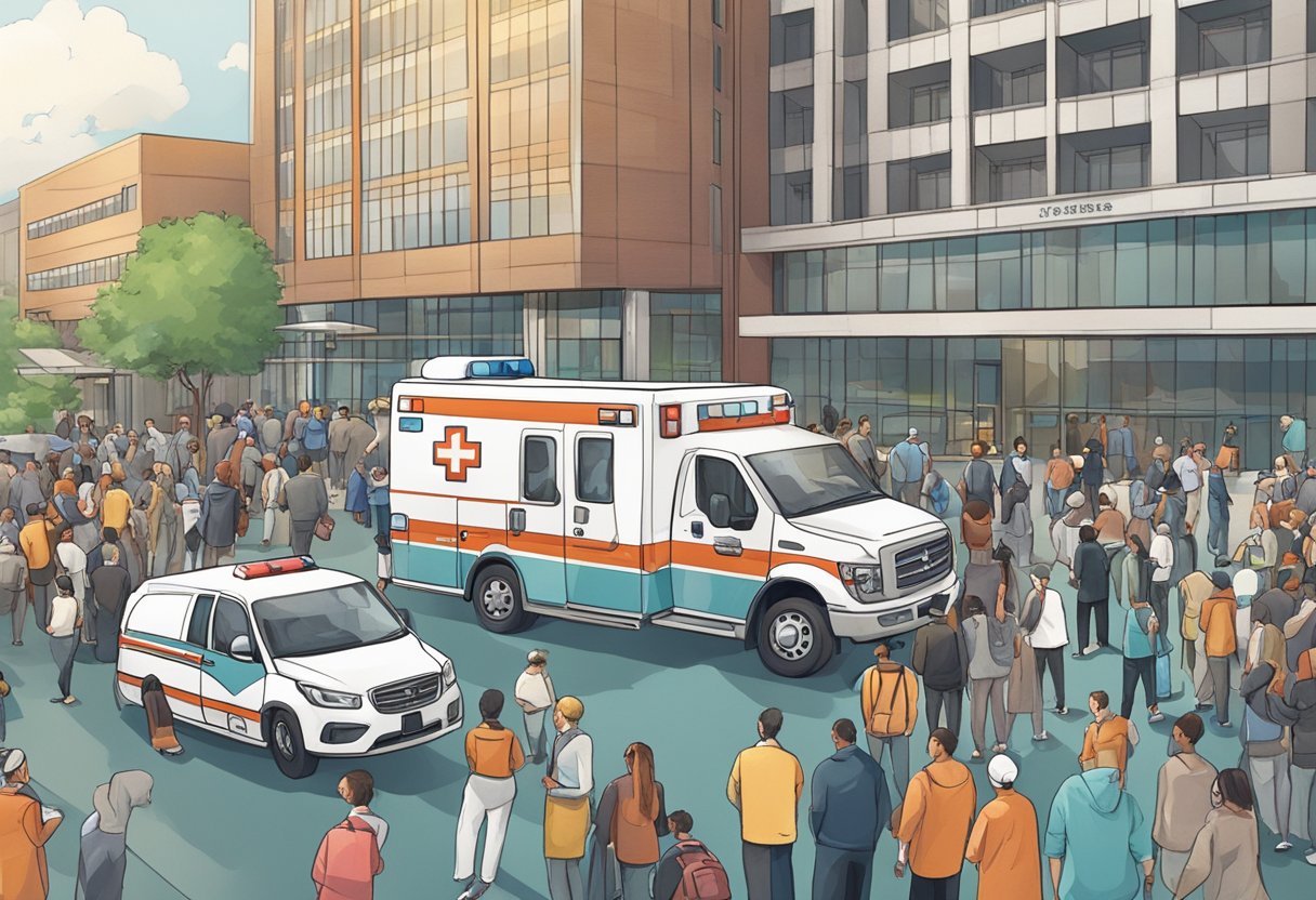 Emergências Médicas Curitiba: Guia Completo para Atendimento Urgente 6 Uma rua movimentada da cidade com uma ambulância estacionada em frente a um hospital moderno, cercada por profissionais de saúde e espectadores preocupados.