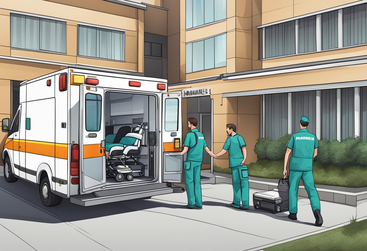 Transporte Ambulância Particular: Benefícios e Considerações Essenciais 7 Uma ambulância particular estacionada do lado de fora de um hospital, com paramédicos descarregando equipamentos médicos.