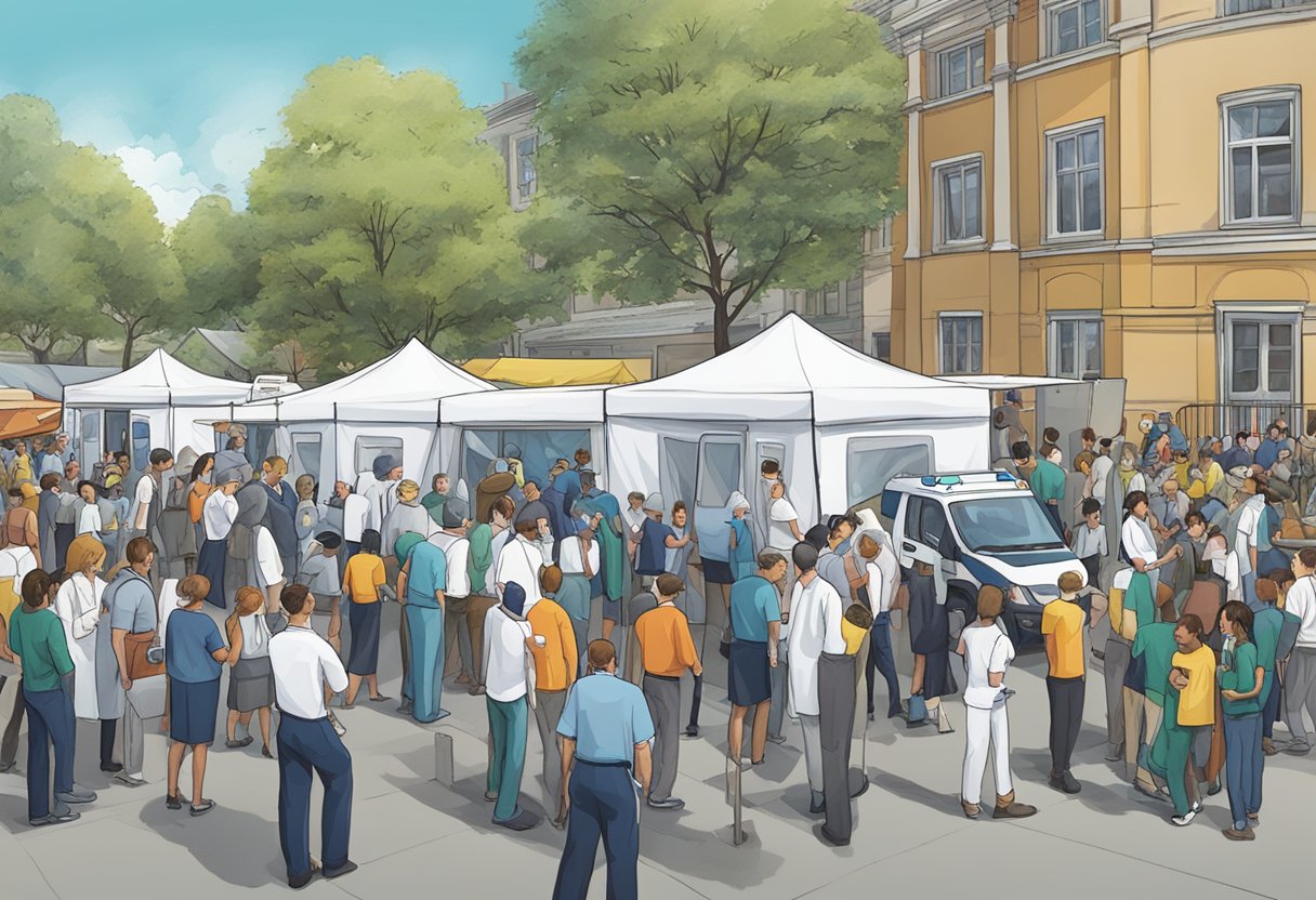 Contratar Ambulância para Evento: Tudo o que Você Precisa Saber 1 Um evento lotado com uma tenda médica e uma ambulância estacionada nas proximidades, com paramédicos atendendo a um paciente enquanto a equipe do evento coordena.