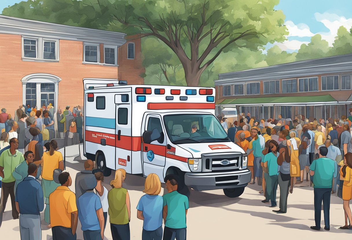 Contratar Ambulância para Evento: Tudo o que Você Precisa Saber 2 Uma ambulância estacionada do lado de fora de um local de evento, com paramédicos de prontidão e uma multidão de pessoas reunidas ao redor.