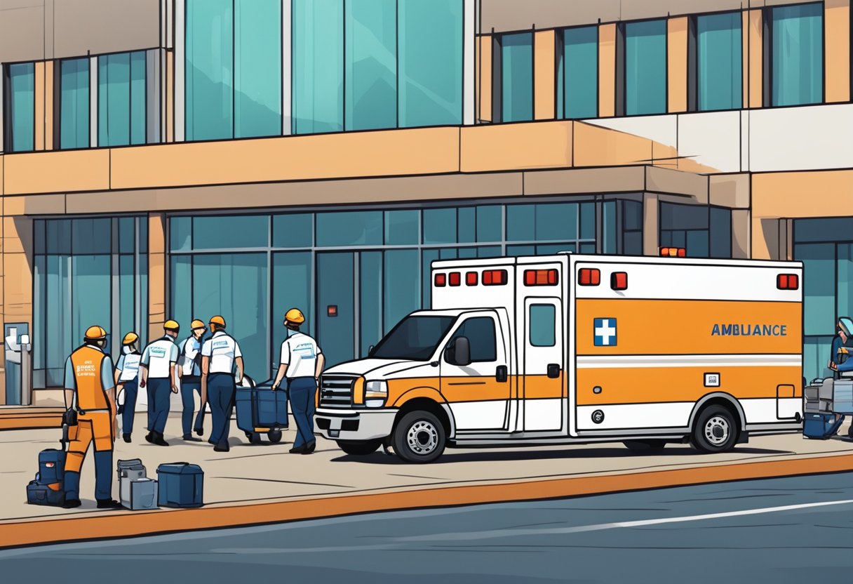 Contratar Ambulância para Evento: Tudo o que Você Precisa Saber 3 Uma ambulância estacionada do lado de fora de um local de evento, com equipamentos e suprimentos médicos sendo descarregados por uma equipe de paramédicos.