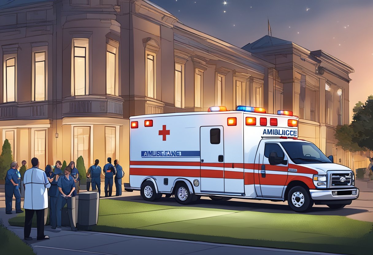 Contratar Ambulância para Evento: Tudo o que Você Precisa Saber 4 Uma ambulância estacionada do lado de fora de um local de evento, com luzes de emergência piscando e pessoal médico preparando equipamentos.
