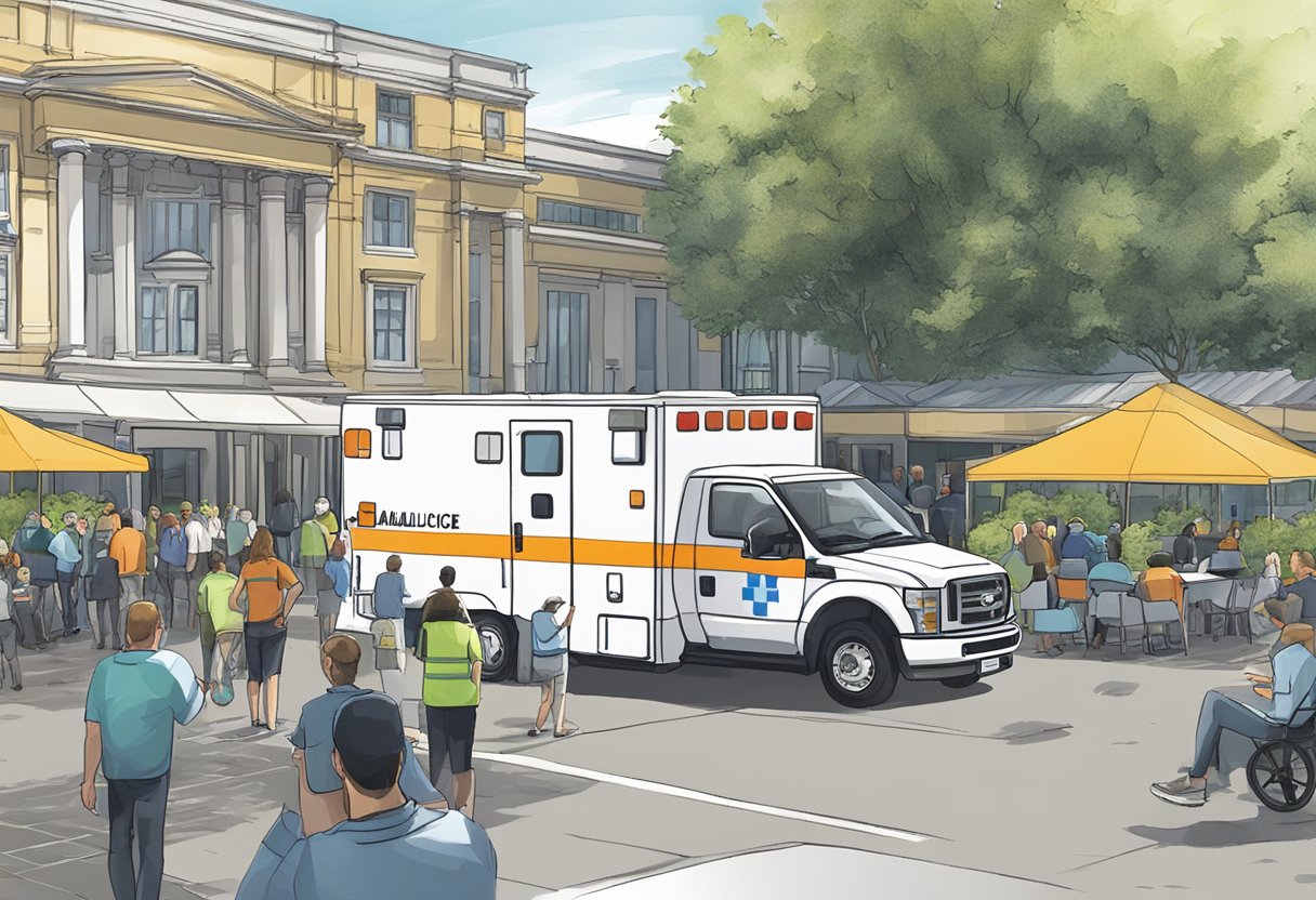 Contratar Ambulância para Evento: Tudo o que Você Precisa Saber 6 Uma ambulância estacionada do lado de fora de um local, cercada por logística e infraestrutura de eventos