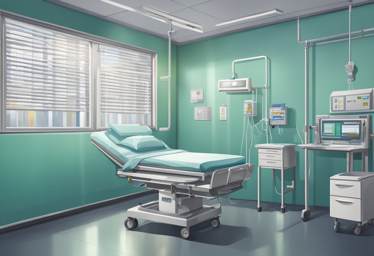 Internação Compulsória de Dependentes Químicos: Desafios e Perspectivas no Brasil 2 Uma sala de hospital estéril com janelas gradeadas, uma cama com restrições e equipamentos médicos