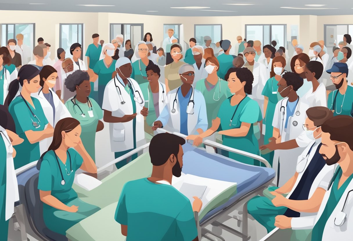 Internação Compulsória de Dependentes Químicos: Desafios e Perspectivas no Brasil 4 Um hospital público lotado com pacientes recebendo tratamento para abuso de substâncias sob a supervisão de profissionais de saúde.