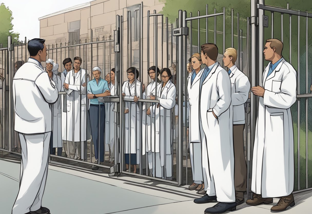 Internação Compulsória de Dependentes Químicos: Desafios e Perspectivas no Brasil 5 Um grupo de indivíduos em jalecos brancos acompanha uma figura relutante em direção a uma instalação cercada, enquanto espectadores preocupados observam à distância.