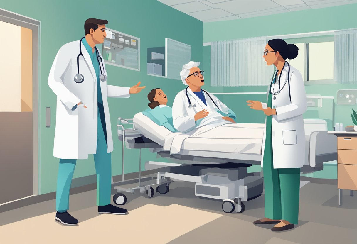 Internação Contra a Vontade: Aspectos Legais e Éticos 4 Um médico e um membro da família do paciente discutindo em um quarto de hospital sobre a decisão de internar involuntariamente o paciente para tratamento.