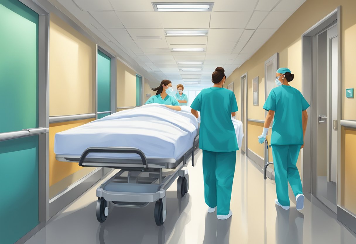 Uma cama de hospital sendo empurrada por dois profissionais de saúde em um corredor bem iluminado