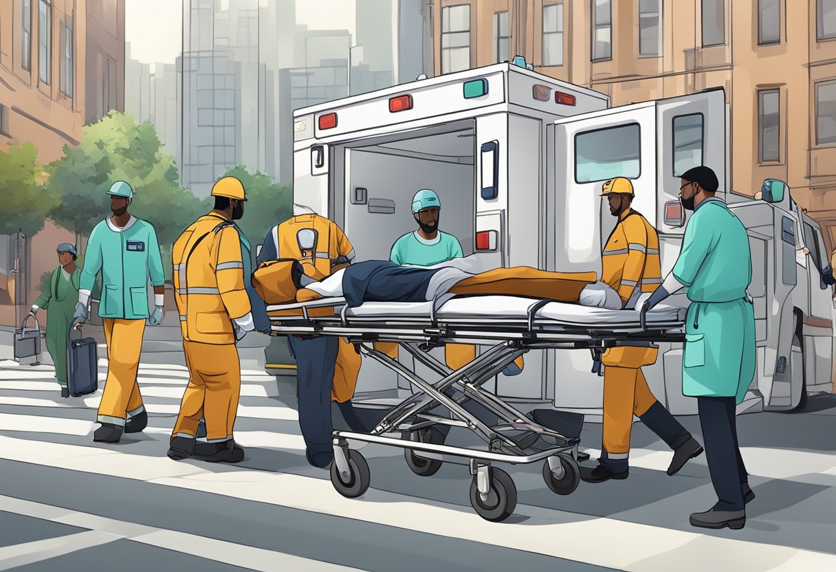 Um paciente sendo transportado em uma maca de um hospital para uma ambulância em um ambiente urbano, com pessoal médico assistindo.