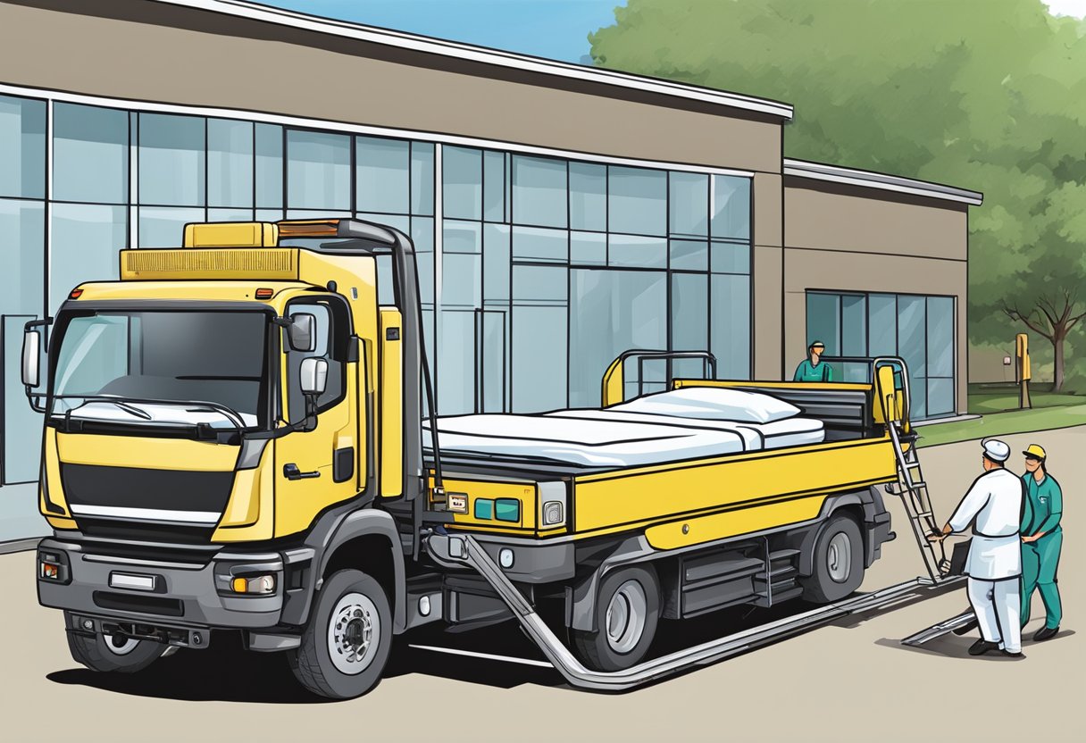 Uma cama de hospital sendo carregada em um veículo de transporte especializado para remoção