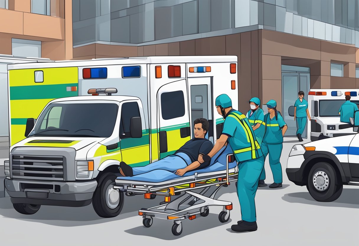 Uma equipe médica transfere rapidamente um paciente de uma ambulância para um hospital, cercada por veículos de emergência e pessoal.