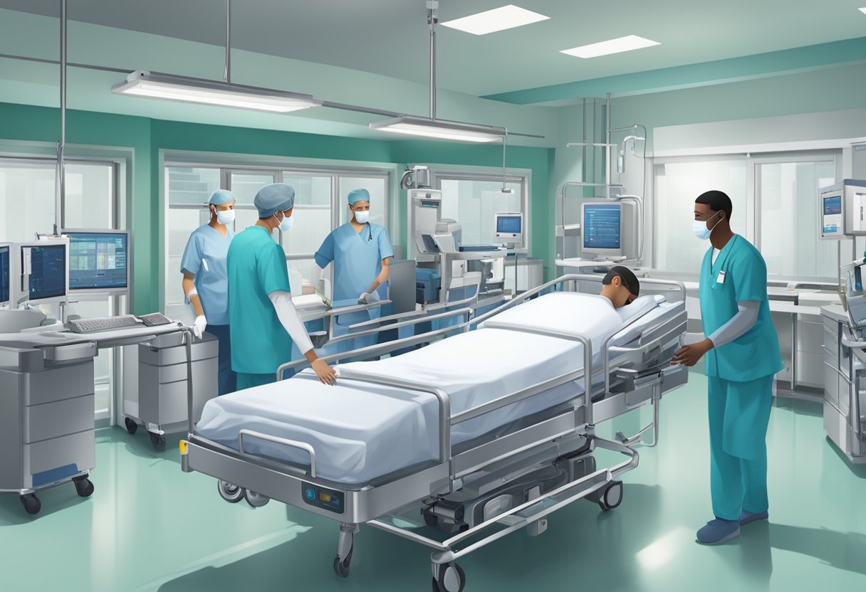 Equipamentos médicos sendo transportados em um ambiente hospitalar com técnicos e tecnologia visíveis
