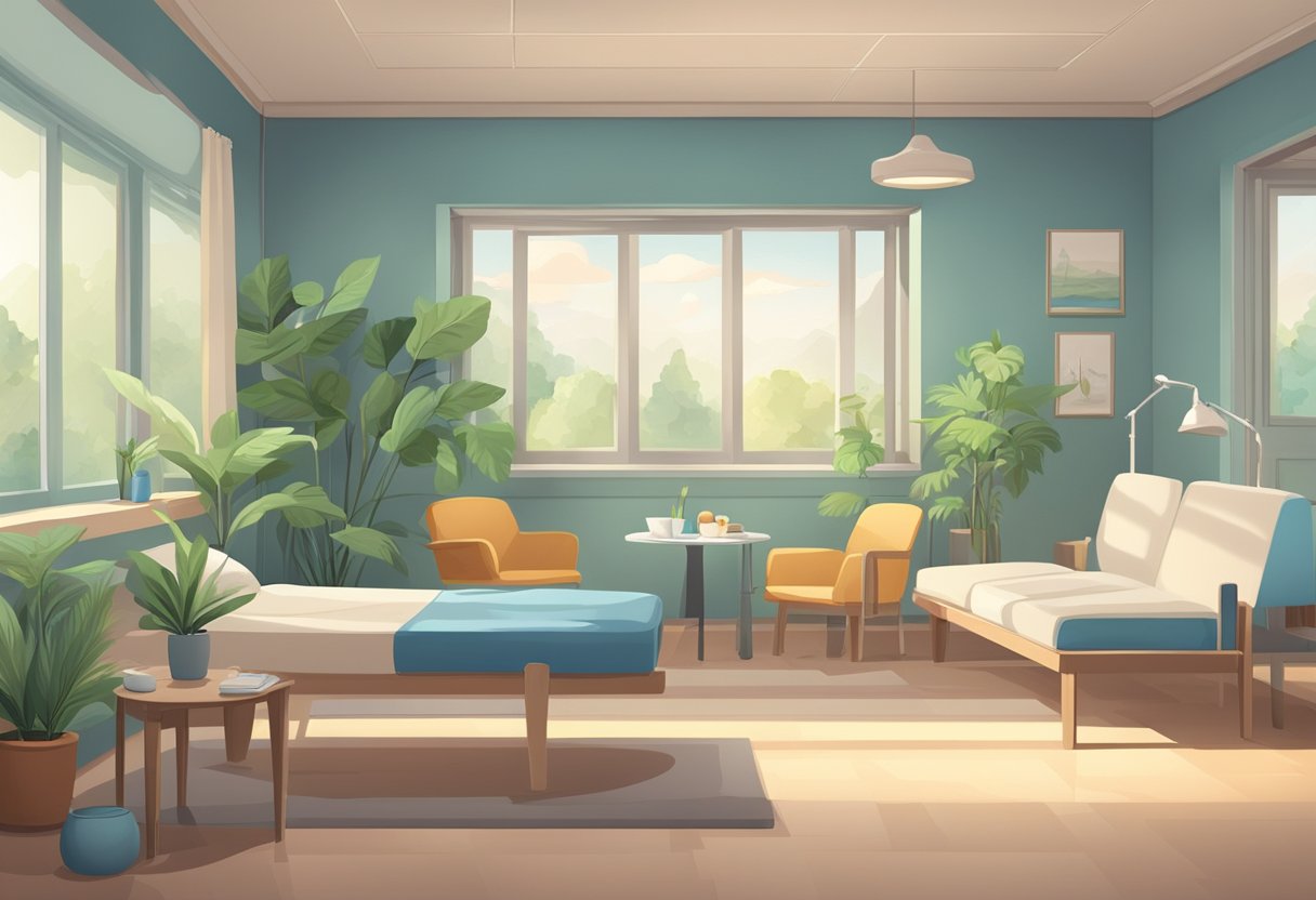 Um ambiente sereno com uma atmosfera pacífica, apresentando uma ala psiquiátrica calma e organizada, com móveis confortáveis e cores suaves.