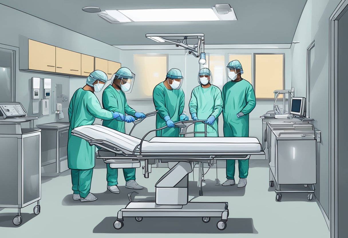 Uma equipe de profissionais médicos em trajes de proteção realizando um procedimento de remoção psiquiátrica em uma sala de hospital estéril.