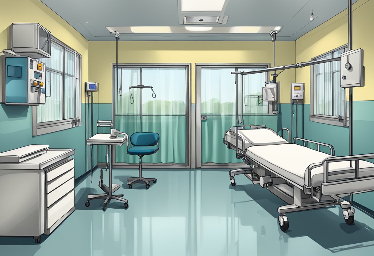Uma sala de hospital com equipamentos médicos e contenções para remoção psiquiátrica