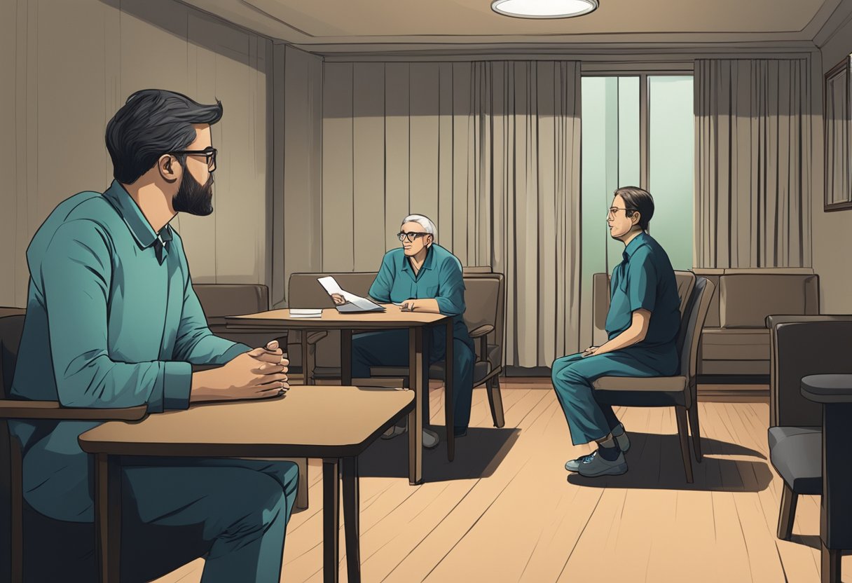 Um paciente sentado em uma sala mal iluminada, cercado por cadeiras vazias e uma mesa solitária, enquanto um psiquiatra ouve atentamente.