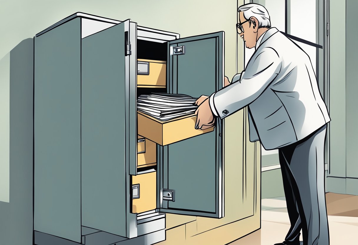 Um psiquiatra retirando o prontuário de um paciente de um armário de arquivos de maneira profissional e respeitosa