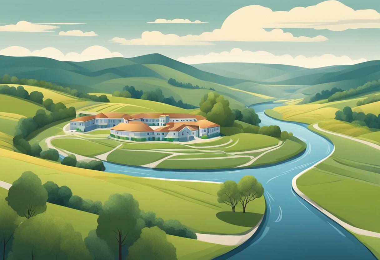 Uma paisagem rural com uma pequena instalação psiquiátrica cercada por colinas onduladas e um rio sinuoso, retratando a relevância regional e o acesso a serviços psiquiátricos.