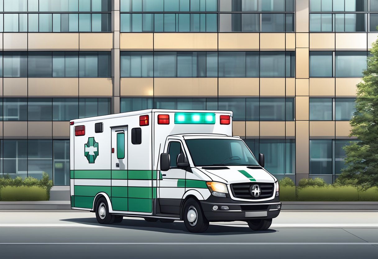 Uma ambulância moderna estacionada do lado de fora de um hospital, com luzes piscando e equipamentos médicos visíveis através das janelas.
