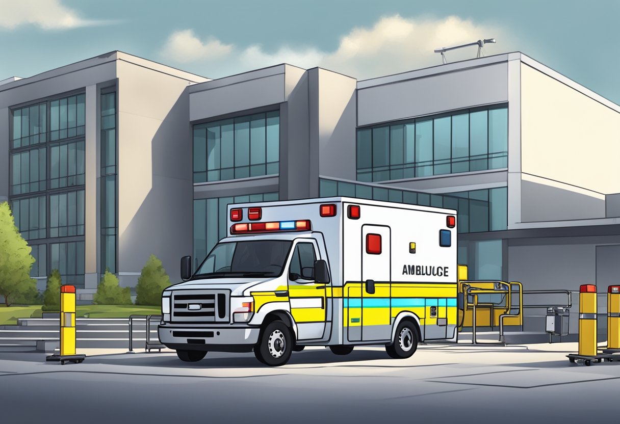 Uma ambulância estacionada do lado de fora de um hospital, com equipamentos e dispositivos médicos sendo descarregados da parte de trás.