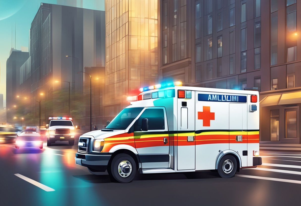 Uma ambulância acelerando pelas ruas da cidade com luzes piscando e sirenes