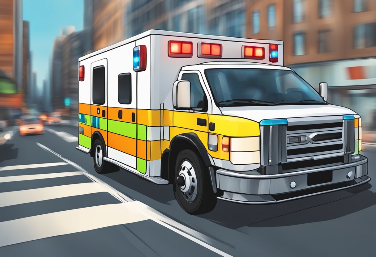 Uma ambulância acelerando pelo trânsito com luzes piscando e sirenes
