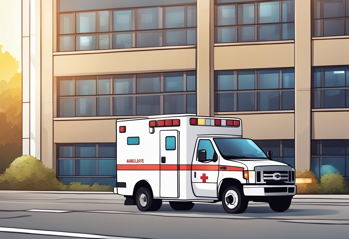 Uma ambulância estacionada do lado de fora de um hospital, com luzes de emergência piscando e equipamentos médicos visíveis através das janelas.