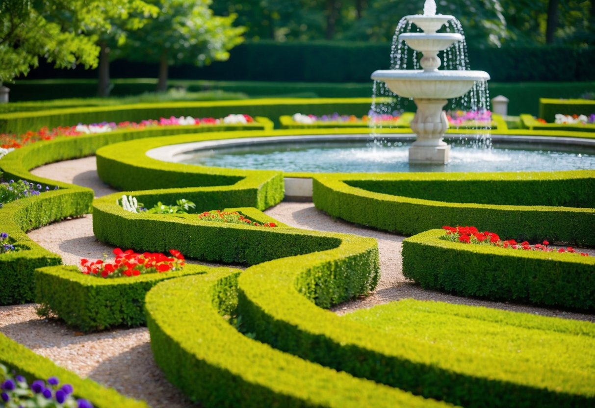 A winding path through manicured hedges and vibrant flower beds, leading to a tranquil fountain surrounded by lush greenery